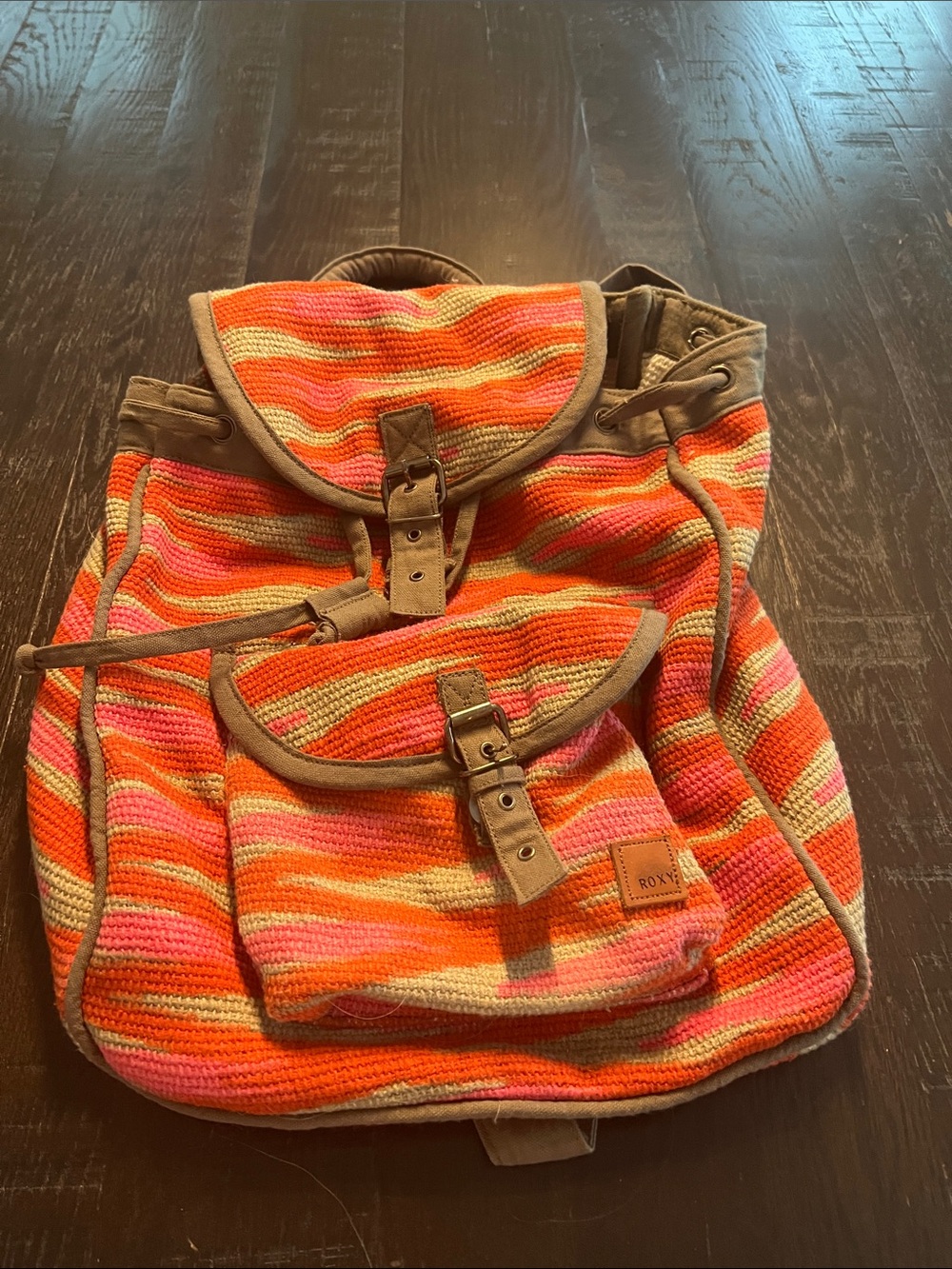 Roxy Striped Knit Drawstring Backpack in Orange, Pink and Tan